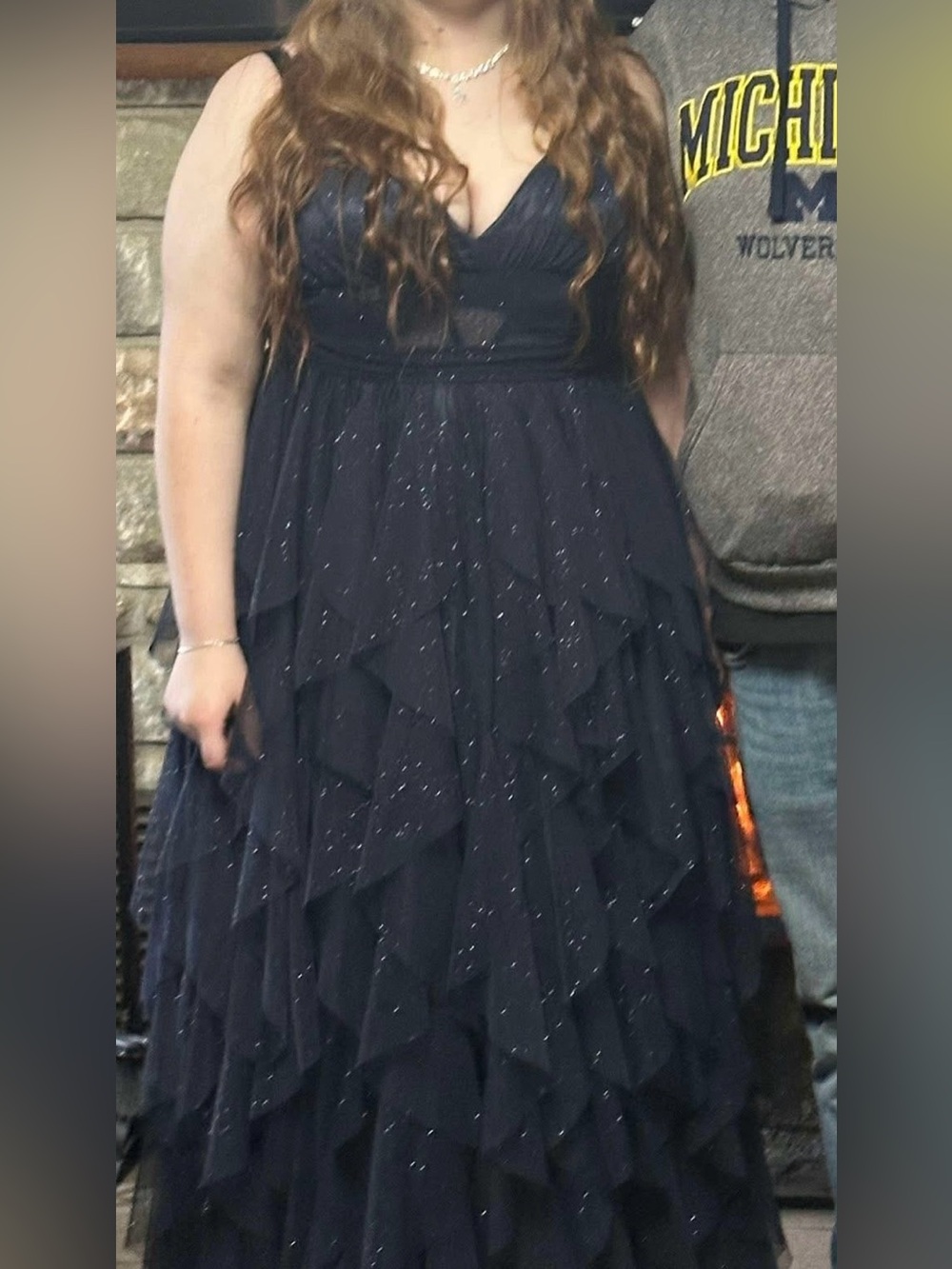 Elegant Navy Sparkle Ruffle Evening Dress - V-Neck